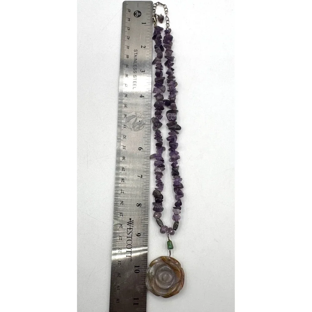 Handmade Amethyst Chip Necklace Carved Agate Rose Pendant Purple Earthy Boho